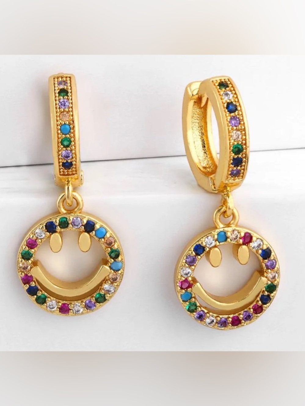 Gold Smiley Drop Huggie Earrings with Multicolor CZ